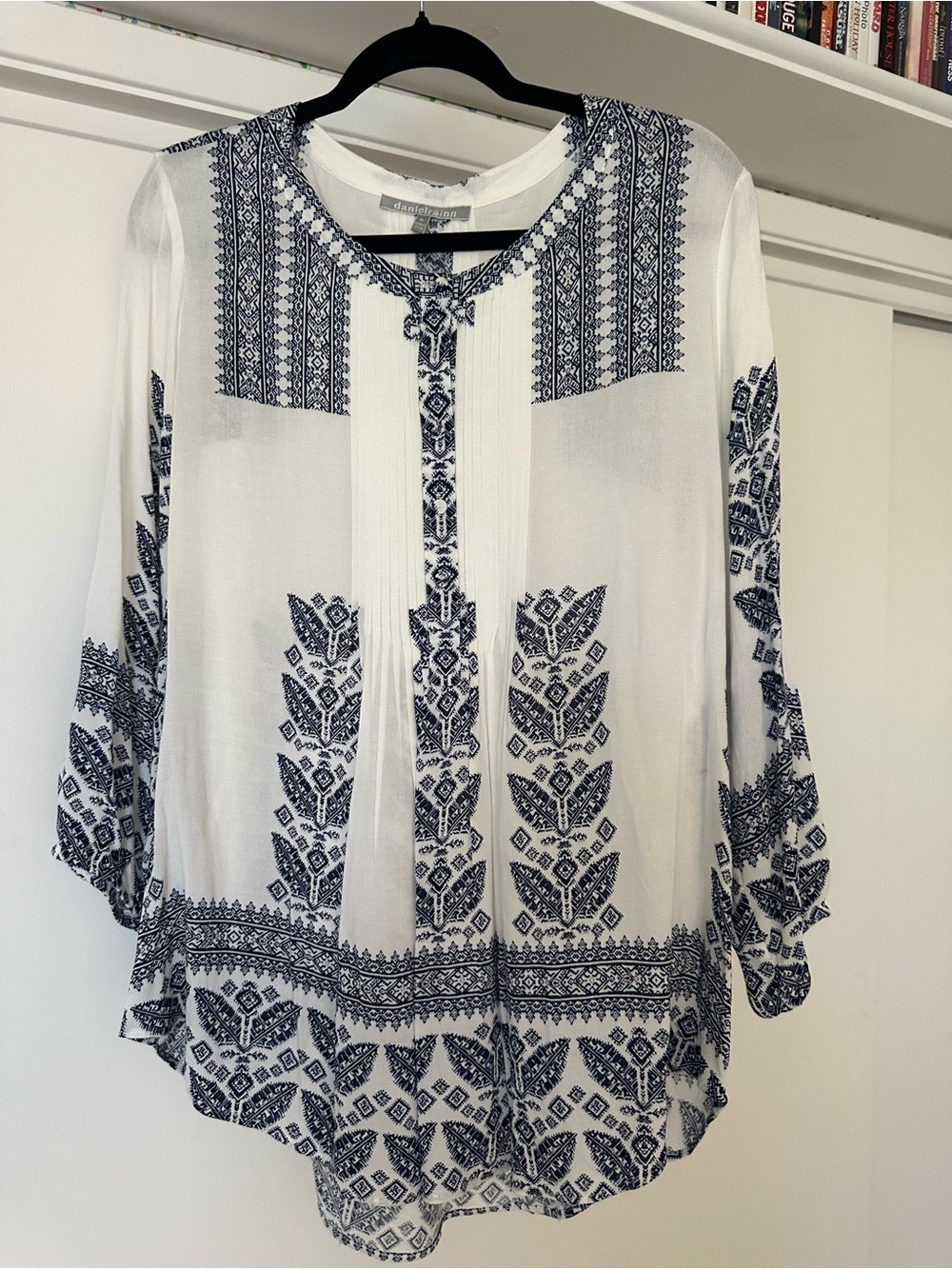 Daniel Rainn White Tunic Blouse with Navy Geometric Embroidery